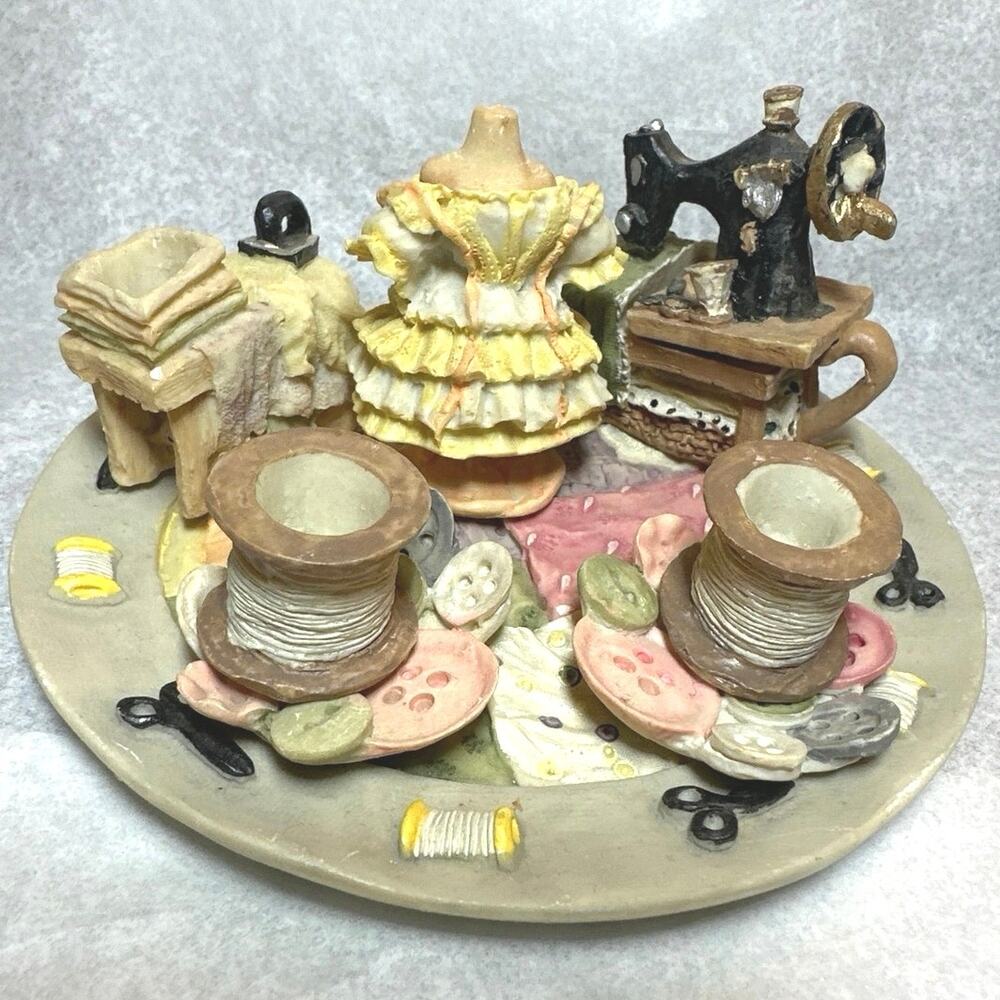 Minature tea set of Cherished Moments resin sewing-themed collectible tea set
